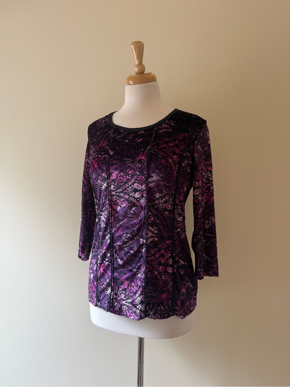 Vintage Metallic-Like Velvet Purple Floral Brocade Top Y2K Evening Glam